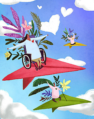 전신 PSD 구름 여자 남자 일러스트 하늘 친절 사랑 사람 성인 세명 비행 풀 장애인 종이비행기 휠체어 배려 평등 성인만 국내일러스트 자연요소 식물 감정 컨셉 종이접기 장애 파일형식