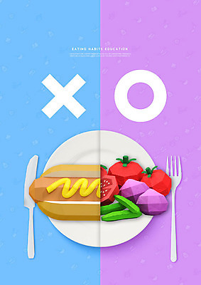 PSD 편집이미지 접시 교육 포크 토마토 채소 과일 양파 패스트푸드 사람없음 파란색 보라색 나이프 핫도그 식습관 에듀 에듀케이션 오엑스 스쿨팩 이미지편집 식기 음식 컬러 칼 인스턴트 파일형식