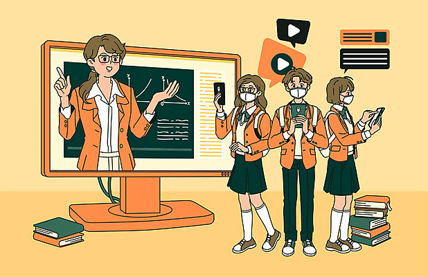 전신 여자 남자 교복 일러스트 중학생 청소년 고등학생 수업 모바일 마스크 들기 사람 여러명 상반신 성인 10대 책 스마트폰 모니터 강사 교사 주황색 어플리케이션 사회이슈 등교 재생 온라인 동영상 개학 온라인강의 전염병 코로나바이러스 사회적거리두기 원격수업 온라인개학 온택트 랜선라이프 델타변이바이러스 국내일러스트 AI파일 직업 학생 라이프스타일 옷 교육 캠페인 컬러 다수 컨셉 학교 모션 핸드폰 스마트기기 컴퓨터 바이러스 질병 강의 등하교 원격 파일형식 벡터 언택트