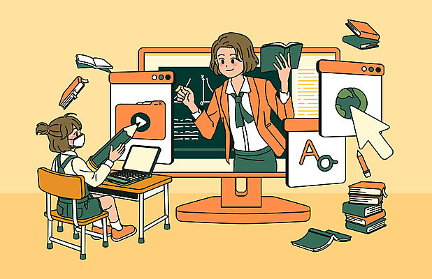 전신 여자 초등학생 어린이 일러스트 수업 모바일 마스크 서기 들기 사람 상반신 성인 두명 책 노트북 연필 모니터 강사 교사 주황색 어플리케이션 사회이슈 책상 등교 커서 재생 온라인 동영상 개학 온라인강의 전염병 여자만 코로나바이러스 사회적거리두기 원격수업 온라인개학 온택트 랜선라이프 델타변이바이러스 국내일러스트 AI파일 직업 학생 라이프스타일 교육 캠페인 컬러 가구 컨셉 학교 모션 학용품 전자제품 컴퓨터 필기구 바이러스 질병 강의 등하교 원격 파일형식 벡터 언택트