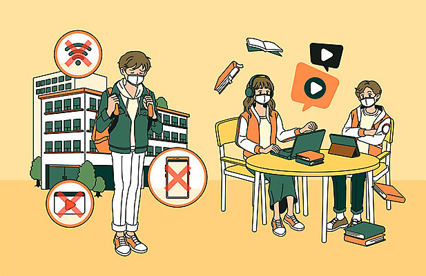 전신 여자 남자 대학생 인터넷 의자 일러스트 수업 모바일 마스크 서기 사람 청년 세명 노트북 스마트폰 스마트기기 태블릿 주황색 어플리케이션 사회이슈 등교 와이파이 온라인 개학 온라인강의 전염병 청년만 코로나바이러스 사회적거리두기 원격수업 온라인개학 온택트 랜선라이프 델타변이바이러스 국내일러스트 AI파일 학생 라이프스타일 교육 캠페인 컬러 가구 컨셉 학교 모션 성인 전자제품 핸드폰 바이러스 질병 강의 등하교 무선인터넷 원격 성인만 파일형식 벡터 언택트