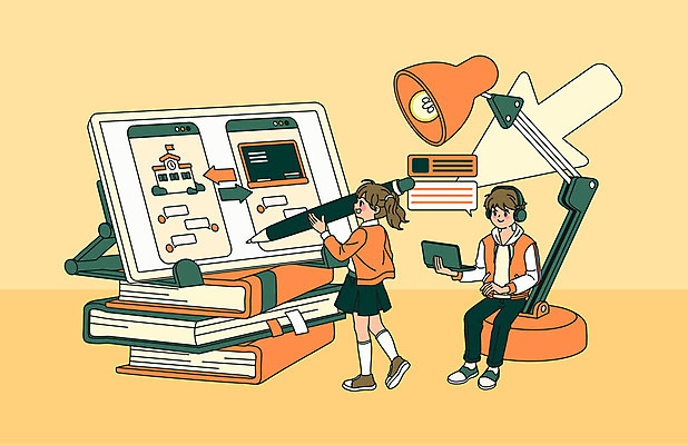 전신 여자 남자 초등학생 어린이 일러스트 수업 모바일 들기 사람 앉기 소녀 소년 두명 책 노트북 스마트폰 스마트기기 태블릿 펜 주황색 스탠드 어플리케이션 사회이슈 등교 커서 개학 온라인강의 전염병 십대만 코로나바이러스 사회적거리두기 온택트 델타변이바이러스 국내일러스트 AI파일 학생 교육 캠페인 컬러 컨셉 학교 모션 조명 전자제품 핸드폰 필기구 바이러스 질병 강의 등하교 파일형식 벡터 언택트