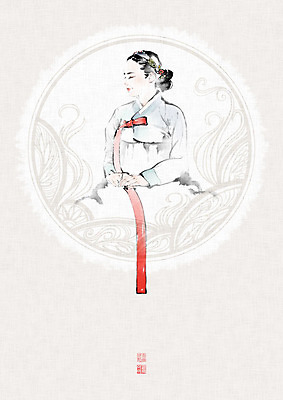 PSD 식물 문양 여자 일러스트 캘리그라피 붓터치 한명 미소 사람 성인 전통문양 한복 동양화 한지 저고리 번짐 낙관 화선지 성인여자한명만 국내일러스트 1 한국전통 전통 종이 표정 미술 전통의상 여자한명만 성인여자만 파일형식 효과