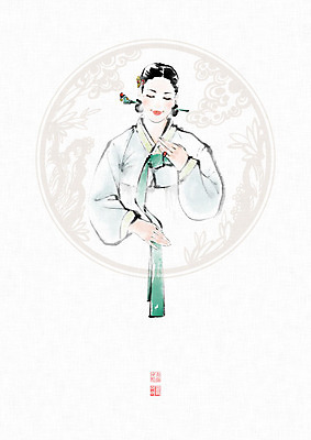 PSD 식물 문양 여자 일러스트 캘리그라피 자연 붓터치 한명 미소 사람 성인 전통문양 한복 동양화 한지 저고리 번짐 낙관 화선지 성인여자한명만 국내일러스트 1 한국전통 전통 종이 표정 미술 전통의상 생태계 여자한명만 성인여자만 파일형식 효과