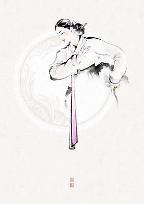 PSD 식물 문양 여자 일러스트 캘리그라피 붓터치 한명 미소 사람 성인 전통문양 한복 동양화 한지 저고리 번짐 낙관 화선지 성인여자한명만 국내일러스트 1 한국전통 전통 종이 표정 미술 전통의상 여자한명만 성인여자만 파일형식 효과