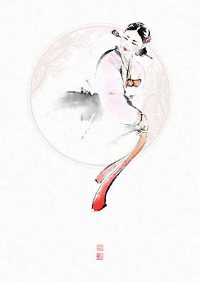 PSD 식물 문양 여자 일러스트 캘리그라피 붓터치 한명 미소 사람 성인 전통문양 한복 동양화 한지 저고리 번짐 낙관 화선지 성인여자한명만 국내일러스트 1 한국전통 전통 종이 표정 미술 전통의상 여자한명만 성인여자만 파일형식 효과