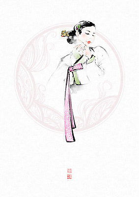 PSD 식물 문양 여자 일러스트 캘리그라피 붓터치 한명 미소 사람 성인 전통문양 한복 동양화 한지 저고리 번짐 낙관 화선지 성인여자한명만 국내일러스트 1 한국전통 전통 종이 표정 미술 전통의상 여자한명만 성인여자만 파일형식 효과