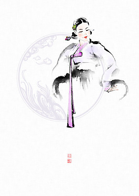 PSD 식물 문양 여자 일러스트 캘리그라피 붓터치 한명 미소 사람 성인 전통문양 한복 동양화 한지 저고리 번짐 낙관 화선지 성인여자한명만 국내일러스트 1 한국전통 전통 종이 표정 미술 전통의상 여자한명만 성인여자만 파일형식 효과