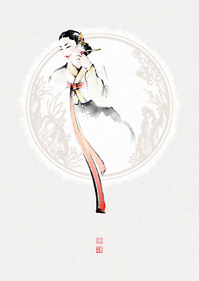 PSD 식물 문양 여자 일러스트 캘리그라피 붓터치 한명 미소 사람 성인 전통문양 한복 동양화 한지 저고리 번짐 낙관 화선지 성인여자한명만 국내일러스트 1 한국전통 전통 종이 표정 미술 전통의상 여자한명만 성인여자만 파일형식 효과