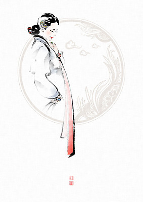 PSD 식물 문양 여자 일러스트 캘리그라피 붓터치 한명 미소 사람 성인 전통문양 한복 동양화 한지 저고리 번짐 낙관 화선지 성인여자한명만 국내일러스트 1 한국전통 전통 종이 표정 미술 전통의상 여자한명만 성인여자만 파일형식 효과