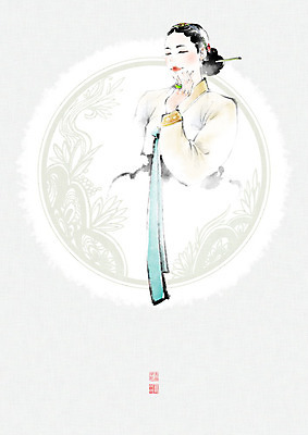 PSD 식물 문양 여자 일러스트 캘리그라피 붓터치 한명 미소 사람 성인 전통문양 한복 동양화 한지 저고리 번짐 낙관 화선지 성인여자한명만 국내일러스트 1 한국전통 전통 종이 표정 미술 전통의상 여자한명만 성인여자만 파일형식 효과