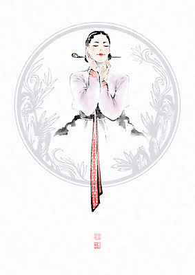 PSD 식물 문양 여자 일러스트 캘리그라피 붓터치 한명 미소 사람 성인 전통문양 한복 동양화 한지 저고리 번짐 낙관 화선지 성인여자한명만 국내일러스트 1 한국전통 전통 종이 표정 미술 전통의상 여자한명만 성인여자만 파일형식 효과