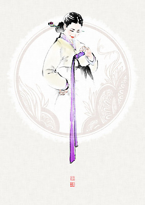 PSD 식물 문양 여자 일러스트 캘리그라피 붓터치 한명 미소 사람 성인 전통문양 한복 동양화 한지 저고리 번짐 낙관 화선지 성인여자한명만 국내일러스트 1 한국전통 전통 종이 표정 미술 전통의상 여자한명만 성인여자만 파일형식 효과