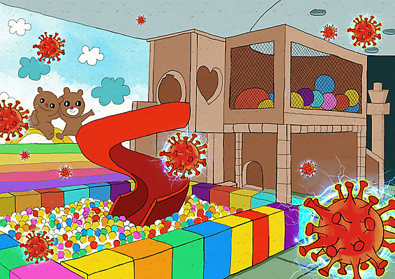 PSD 일러스트 사람없음 바이러스 미끄럼틀 사회이슈 전염 볼풀장 키즈카페 코로나바이러스 델타변이바이러스 국내일러스트 컨셉 카페 질병 놀이기구 감염 파일형식