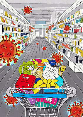 PSD 일러스트 사람없음 쇼핑카 회색 바이러스 사회이슈 전염 마트 대형마트 코로나바이러스 델타변이바이러스 국내일러스트 컬러 컨셉 쇼핑 상점 카트 질병 감염 파일형식