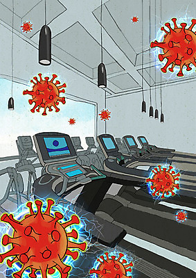 PSD 일러스트 사람없음 검은색 헬스장 바이러스 사회이슈 런닝머신 전염 코로나바이러스 델타변이바이러스 국내일러스트 컬러 컨셉 운동기구 헬스 질병 감염 파일형식