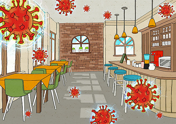 PSD 일러스트 사람없음 카페 바이러스 사회이슈 전염 코로나바이러스 델타변이바이러스 국내일러스트 컨셉 상점 질병 감염 파일형식