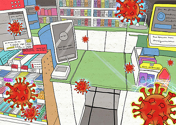 PSD 일러스트 사람없음 바이러스 계산대 사회이슈 전염 편의점 코로나바이러스 델타변이바이러스 국내일러스트 컨셉 상점 질병 감염 파일형식