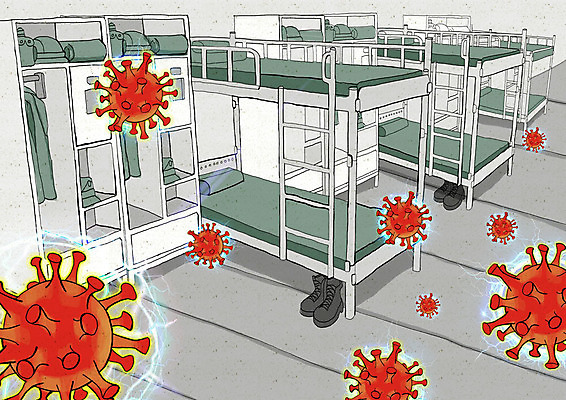 PSD 일러스트 군대 사람없음 바이러스 사회이슈 전염 이층침대 코로나바이러스 델타변이바이러스 국내일러스트 컨셉 침대 질병 감염 파일형식