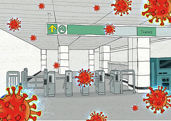 PSD 일러스트 사람없음 회색 바이러스 사회이슈 전염 전철역 개찰구 코로나바이러스 델타변이바이러스 국내일러스트 컬러 컨셉 역 질병 감염 파일형식