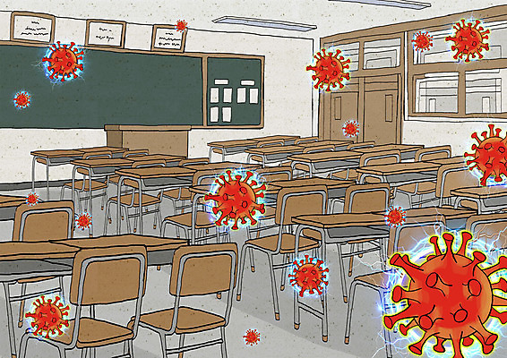 PSD 무료이미지 일러스트 교실 학교 사람없음 바이러스 사회이슈 전염 코로나바이러스 델타변이바이러스 국내일러스트 교육 컨셉 질병 감염 파일형식