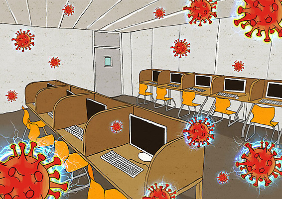 PSD 일러스트 사람없음 컴퓨터 바이러스 사회이슈 전염 컴퓨터실 코로나바이러스 국내일러스트 컨셉 교실 전자제품 질병 감염 파일형식