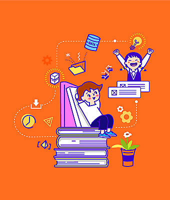 전신 학생 여자 교육 남자 어린이 일러스트 앉기 두명 책 컴퓨터 주황색 만세 정보 공유 소통 소셜네트워크 에듀 에듀케이션 컴퓨터교육 어린이만 코딩 스쿨팩 국내일러스트 AI파일 컬러 컨셉 모션 사람 전자제품 파일형식 벡터