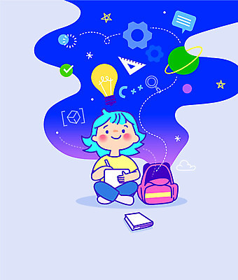 전신 학생 여자 교육 어린이 일러스트 상상 책가방 아이디어 한명 앉기 책 파란색 컴퓨터 기록 에듀 에듀케이션 컴퓨터교육 소녀한명만 코딩 스쿨팩 국내일러스트 AI파일 1 컬러 컨셉 가방 모션 사람 전자제품 여자한명만 소녀만 파일형식 벡터