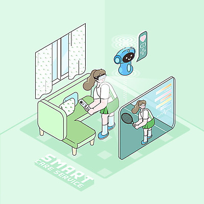 전신 PSD 라이프스타일 여자 거실 일러스트 건강 한명 초록색 소파 테니스 스마트 로봇 아이소메트릭 가상현실 여자한명만 VR기기 AI_인공지능 국내일러스트 1 컬러 컨셉 의자 사람 생활 구기 기계 여자만 파일형식