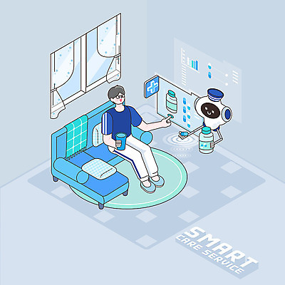전신 PSD 라이프스타일 남자 거실 일러스트 그래프 건강 한명 파란색 소파 약 스마트 로봇 처방 아이소메트릭 영양제 남자한명만 AI_인공지능 국내일러스트 1 컬러 컨셉 의자 의학 사람 생활 남자만 파일형식