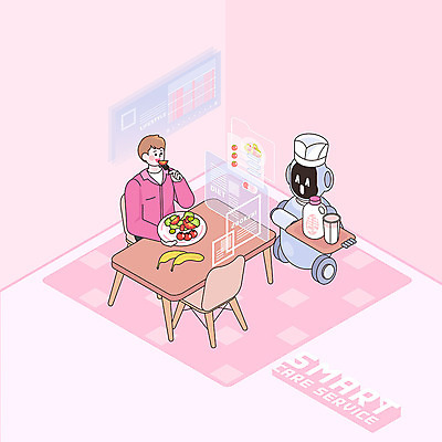 전신 PSD 라이프스타일 남자 분홍색 다이어트 의자 일러스트 식탁 그래프 바나나 건강 한명 샐러드 우유 스마트 로봇 영양 서빙 식단 아이소메트릭 남자한명만 AI_인공지능 국내일러스트 1 음식 컬러 가구 컨셉 과일 탁자 유제품 사람 생활 남자만 파일형식