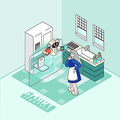 전신 PSD 라이프스타일 여자 일러스트 재료 한명 초록색 주방 앞치마 스마트 로봇 싱크대 냉장고 레시피 아이소메트릭 여자한명만 AI_인공지능 국내일러스트 1 컬러 컨셉 사람 생활 가전제품 개수대 여자만 파일형식