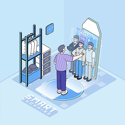 전신 PSD 라이프스타일 옷 남자 일러스트 한명 파란색 쇼핑 거울 스마트 아이소메트릭 가상공간 드레스룸 가상 남자한명만 스토어 AI_인공지능 국내일러스트 1 컬러 컨셉 사람 생활 남자만 파일형식