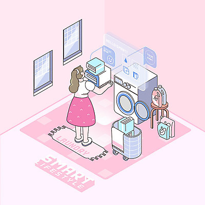 전신 PSD 라이프스타일 여자 분홍색 일러스트 한명 바구니 세제 스마트 세탁기 아이소메트릭 발매트 빨랫감 세탁실 여자한명만 AI_인공지능 국내일러스트 1 컬러 컨셉 사람 생활 가전제품 빨래 여자만 파일형식