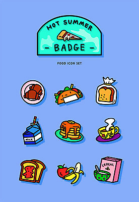 아이콘 커피 음식 빵 바나나 사람없음 여름 파란색 세트 여러개 우유 아침식사 시리얼 식빵 배지 타코 팬케이크 2D아이콘 AI파일 계절 음료 컬러 다수 과일 유제품 케이크 식사 파일형식 벡터