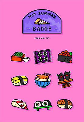 아이콘 음식 분홍색 새우 사람없음 여름 세트 여러개 초밥 메밀 덮밥 배지 마끼 새우덮밥 성게알 연어초밥 일본음식 2D아이콘 AI파일 계절 컬러 다수 식재료 갑각류 알 연어 파일형식 벡터