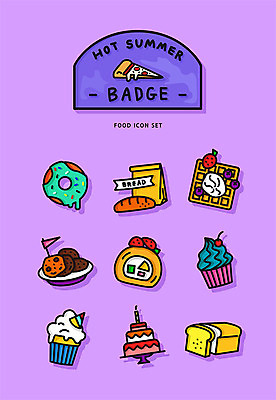 아이콘 음식 빵 사람없음 여름 세트 쿠키 케이크 보라색 여러개 도넛 컵케이크 식빵 배지 와플 롤케이크 2D아이콘 AI파일 계절 컬러 다수 디저트 파일형식 벡터