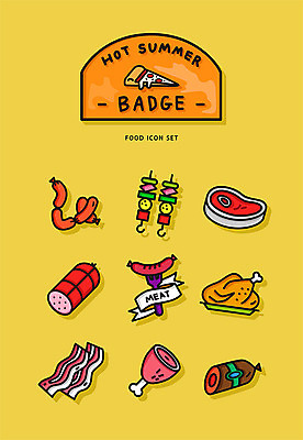 아이콘 음식 육류 사람없음 여름 세트 노란색 치킨 여러개 소시지 꼬치 햄 배지 베이컨 2D아이콘 AI파일 계절 컬러 다수 식재료 돼지고기 가공식품 닭고기요리 파일형식 벡터