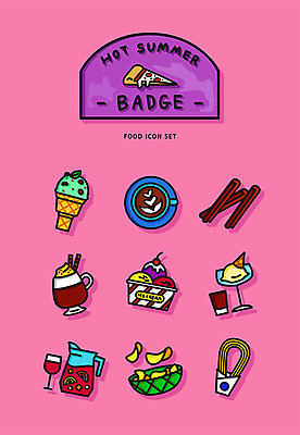 아이콘 커피 분홍색 아이스크림 디저트 사람없음 여름 세트 여러개 배지 감자칩 라떼 시나몬 츄러스 2D아이콘 AI파일 계절 음료 음식 컬러 다수 과자 칩_음식 파일형식 벡터