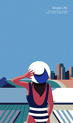 모자 응시 여자 바다 여행 일러스트 휴가 한명 서기 사람 빌딩 상반신 성인 해변 건물 파란색 싱글라이프 성인여자한명만 국내일러스트 AI파일 1 라이프스타일 건축물 시선 잡화 컬러 모션 여자한명만 성인여자만 파일형식 벡터