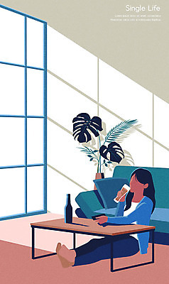 전신 여자 화분 일러스트 창문 맥주 한명 들기 사람 앉기 성인 파란색 소파 리모컨 싱글라이프 얼굴없음 성인여자한명만 혼족 국내일러스트 AI파일 1 라이프스타일 컬러 의자 모션 주류 여자한명만 성인여자만 파일형식 벡터