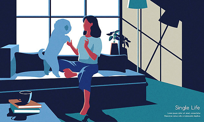 전신 한마리 여자 반려견 커피 일러스트 놀이 한명 사람 앉기 성인 책 파란색 침대 스탠드 개 강아지 반려 싱글라이프 얼굴없음 성인여자한명만 국내일러스트 AI파일 1 라이프스타일 음료 컬러 가구 포유류 모션 조명 반려동물 여자한명만 성인여자만 파일형식 벡터