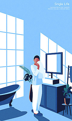 전신 여자 화분 일러스트 욕조 한명 서기 사람 성인 파란색 수건 잠옷 세수 세면대 화장실 닦기 세면실 싱글라이프 얼굴없음 성인여자한명만 국내일러스트 AI파일 1 라이프스타일 옷 컬러 모션 위생용품 청결 여자한명만 성인여자만 파일형식 벡터