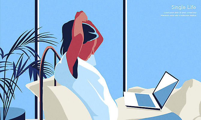 응시 여자 화분 일러스트 베개 한명 사람 앉기 상반신 성인 파란색 노트북 이불 침대 싱글라이프 얼굴없음 성인여자한명만 국내일러스트 AI파일 1 라이프스타일 시선 컬러 가구 침구 모션 전자제품 여자한명만 성인여자만 파일형식 벡터