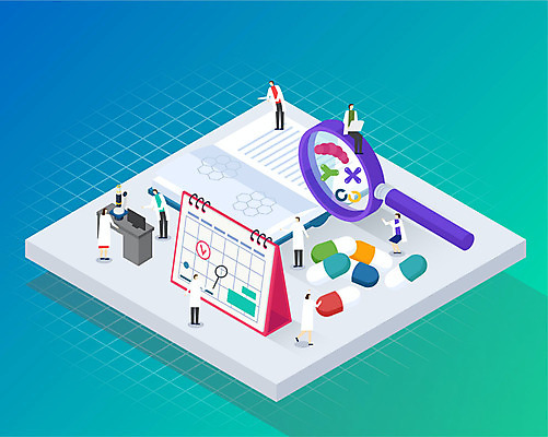 여자 남자 일러스트 돋보기 들기 사람 여러명 성인 책 알약 약 공책 달력 바이러스 DNA 연구원 체크표시 아이소메트릭 개발 연구소 성인만 신약_의학 국내일러스트 AI파일 직업 다수 의학 모션 문구용품 생명공학 확인 파일형식 벡터