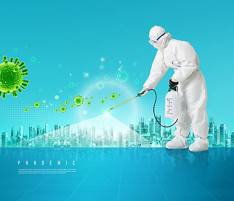 전신 PSD 편집이미지 여자 40대 중년 한명 들기 사람 건물 옆모습 파란색 한국인 바이러스 방역 중년여자한명만 코로나바이러스 방역복 방역사 팬데믹 방역기 델타변이바이러스 이미지편집 직업 1 건축물 옷 뷰포인트 컬러 모션 동양인 성인 여자한명만 중년여자만 파일형식