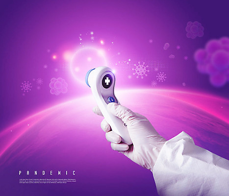 PSD 편집이미지 손 여자 지구 40대 중년 한명 들기 사람 신체부위 보라색 한국인 바이러스 체온계 방역 중년여자한명만 코로나바이러스 방역복 비접촉체온계 팬데믹 생활방역 델타변이바이러스 이미지편집 1 옷 컬러 모션 동양인 성인 온도계 여자한명만 중년여자만 파일형식