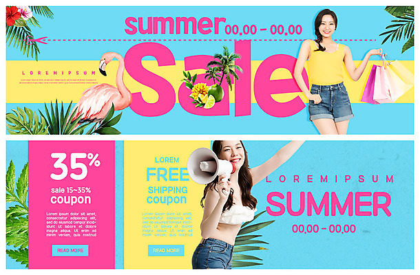 PSD 템플릿 배너 여자 ZIP 웹템플릿 웃음 들기 사람 20대 성인 두명 여름 파란색 쇼핑 비키니 쇼핑백 세일 확성기 한국인 플라밍고 핫팬츠 야자수잎 이벤트배너 웹배너 성인여자만 빅배너 이미지템플릿 계절 수영복 컬러 잎 가방 바지 모션 조류 표정 동양인 청년 여자만 성인만 파일형식