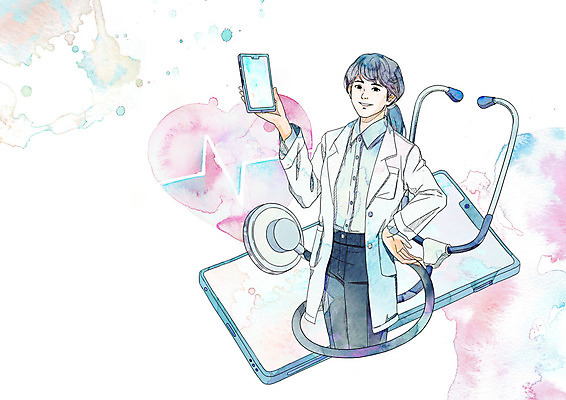 PSD 여자 허리손 일러스트 의학 청진기 모바일 수채화 건강 한명 서기 미소 들기 상반신 파란색 스마트폰 의사 원격의료 성인여자한명만 4차산업 비대면서비스 주치의 온택트 국내일러스트 1 산업 컬러 포즈 의료기기 모션 표정 사람 핸드폰 스마트기기 진료 의료진 서비스 원격 여자한명만 성인여자만 파일형식 언택트