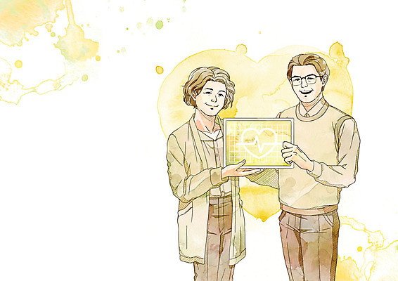 PSD 여자 노년 남자 일러스트 의학 모바일 수채화 건강 서기 미소 들기 상반신 두명 태블릿 노란색 노부부 어플리케이션 원격의료 노인만 4차산업 비대면서비스 주치의 온택트 국내일러스트 부부 산업 컬러 모션 표정 사람 성인 전자제품 스마트기기 진료 의사 서비스 원격 성인만 파일형식 언택트